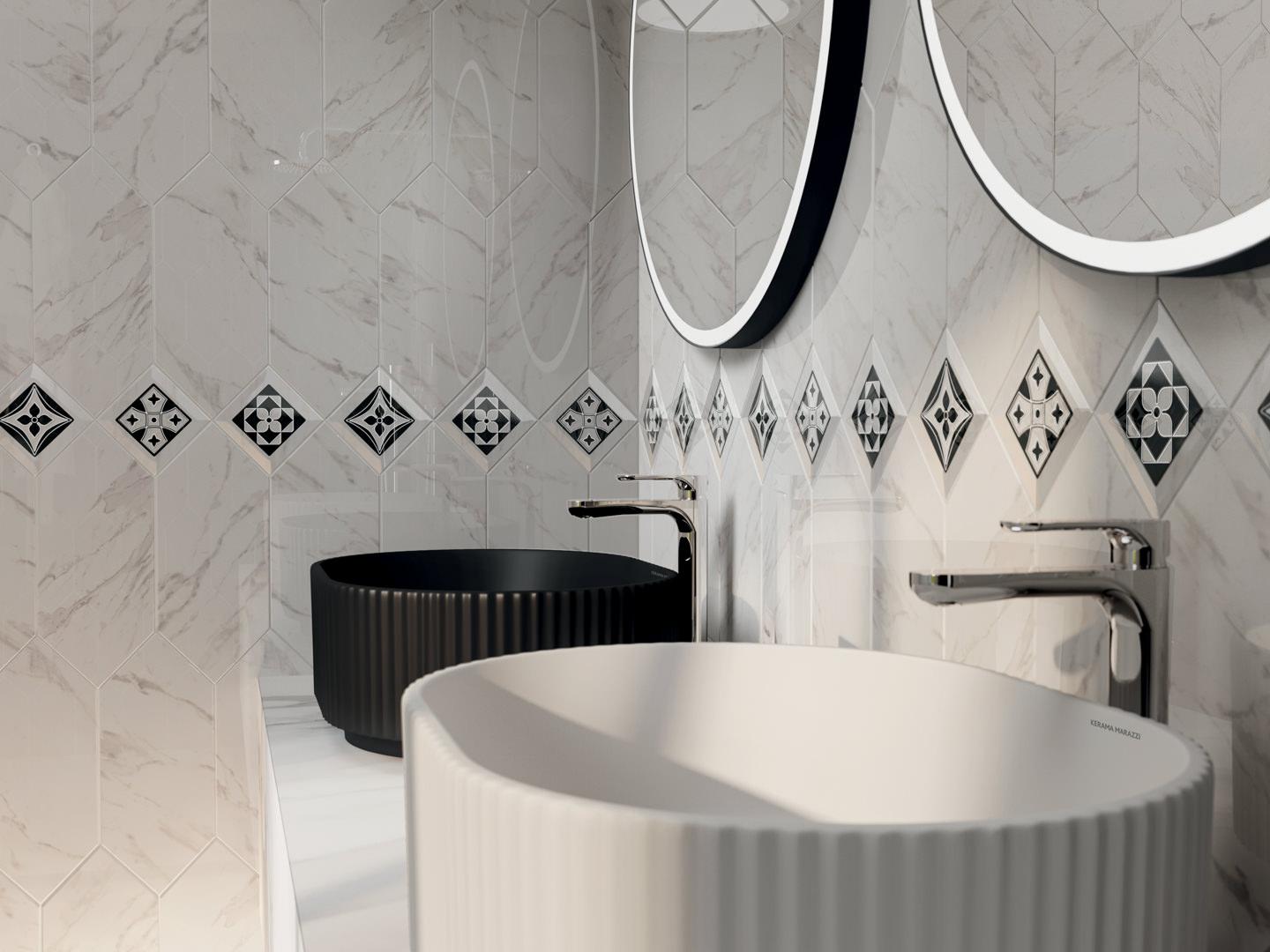 Вставка Kerama Marazzi Келуш 3 грань черно-белый 9.8x9.8 TOC006