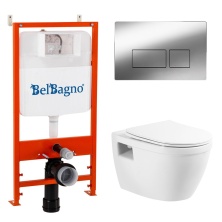 Комплект подвесной безободковый унитаз BelBagno Loto BB070CHR с микролифтом + система инсталляции BelBagno BB002-80 с кнопкой смыва BB041CR