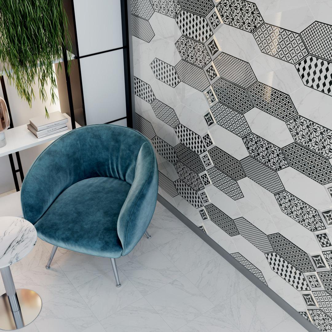 Вставка Kerama Marazzi Келуш 3 грань черно-белый 9.8x9.8 TOC006