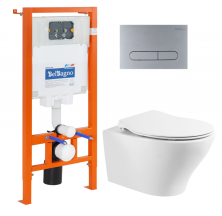 Комплект подвесной безободковый унитаз BelBagno Acqua BB340CHR с микролифтом + система инсталляции BelBagno BB002-80 с кнопкой смыва BB006-PR-CHROME.M
